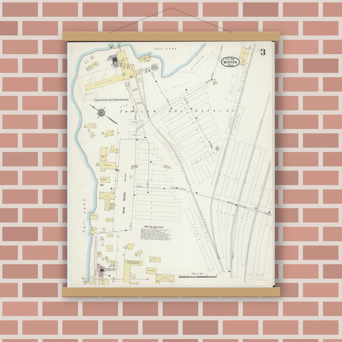 Old map wall art mockup — magnetic wood frame on brick wall — Sanborn Fire Insurance Map from Winton, Saint Louis County, Minnesota (1914), Sheet #0003