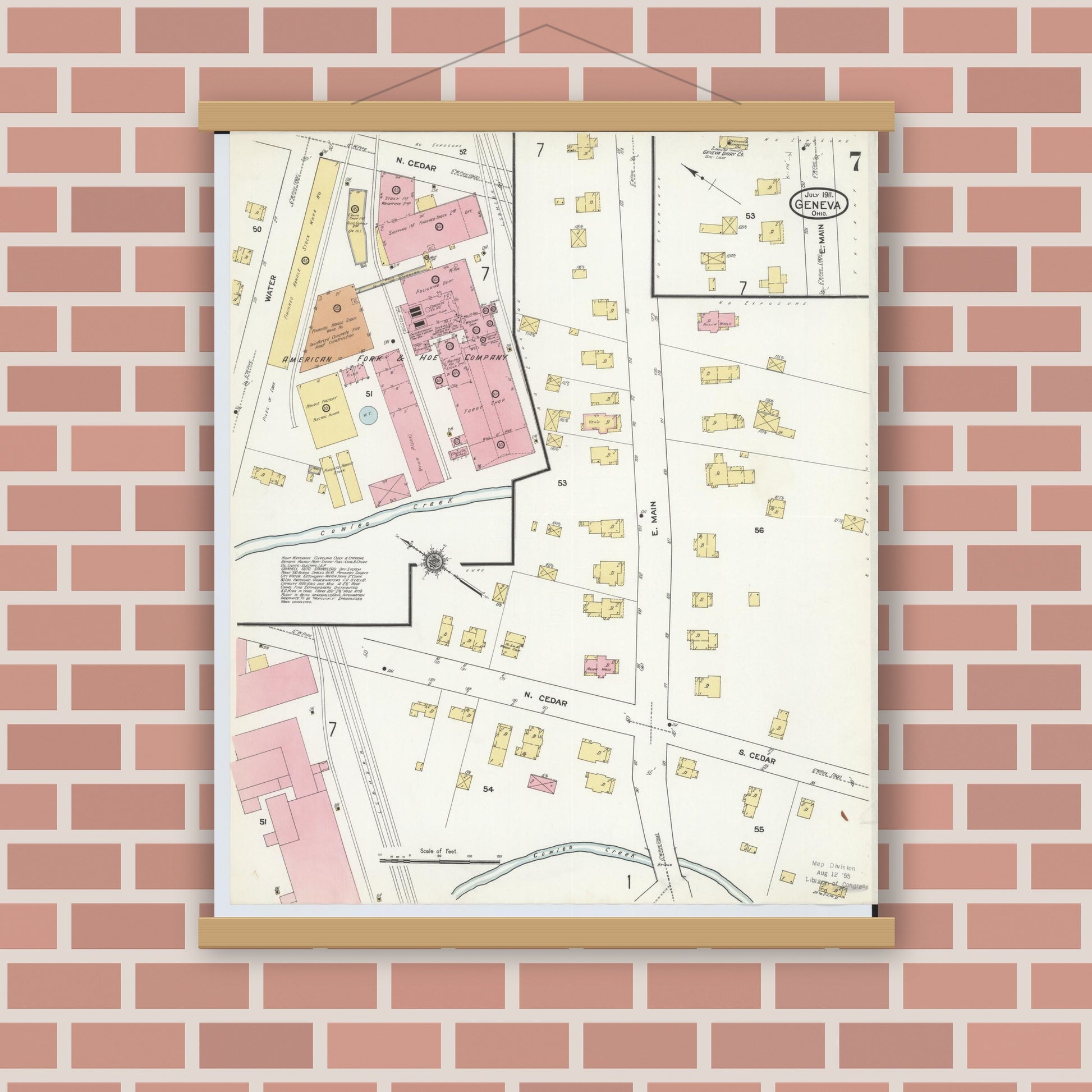 Old map wall art mockup — magnetic wood frame on brick wall — Sanborn Fire Insurance Map from Geneva, Ashtabula County, Ohio (1911), Sheet #0007