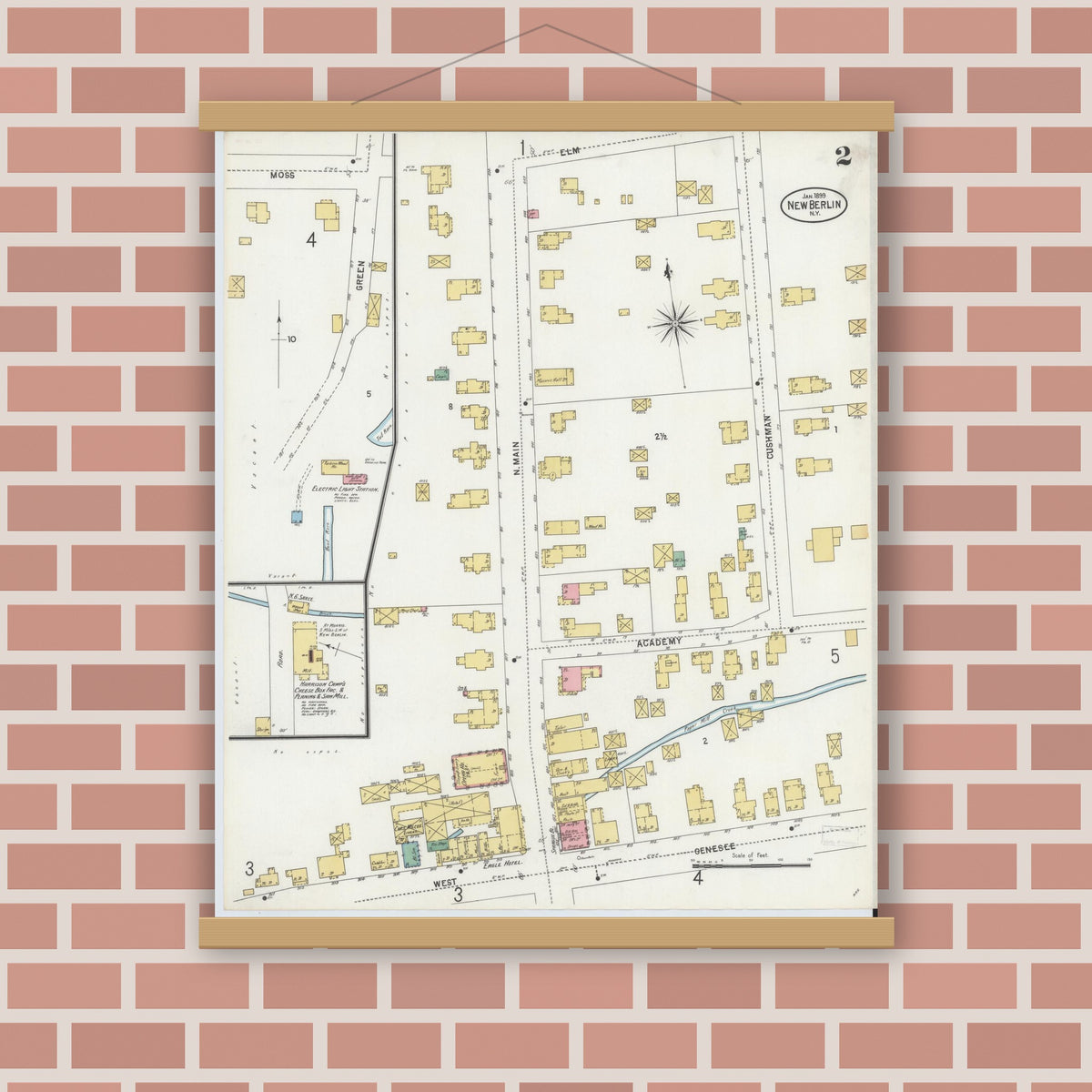 Old map wall art mockup — magnetic wood frame on brick wall — Sanborn Fire Insurance Map from New Berlin, Chenango County, New York (1899), Sheet #0002
