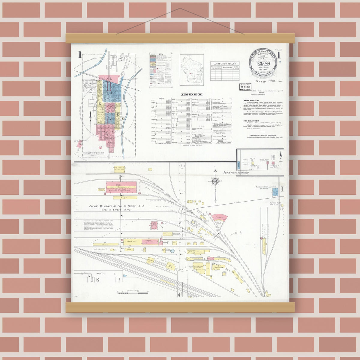 Old map wall art mockup — magnetic wood frame on brick wall — Sanborn Fire Insurance Map from Tomah, Monroe County, Wisconsin (1937), Sheet #0001