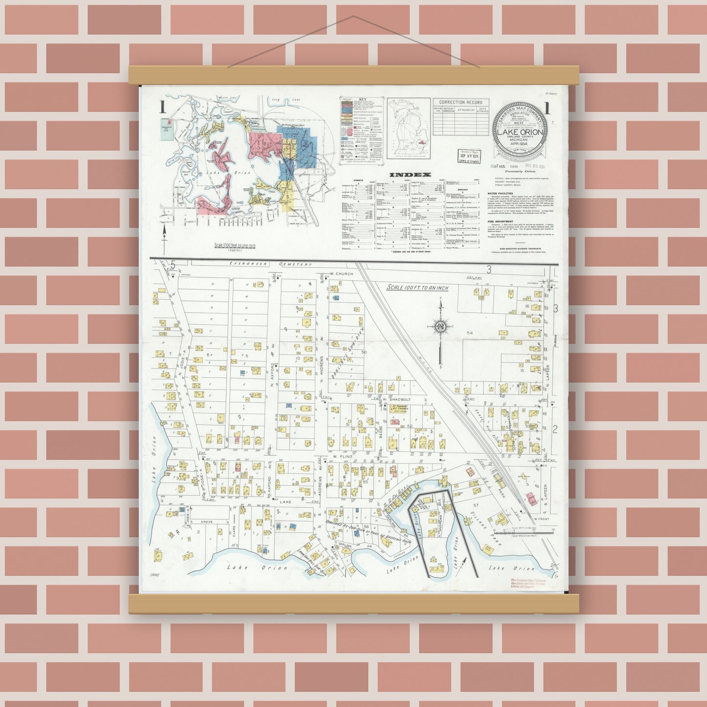 Old map wall art mockup — magnetic wood frame on brick wall — Sanborn Fire Insurance Map from Lake Orion, Oakland County, Michigan (1934) - Complete Map Set