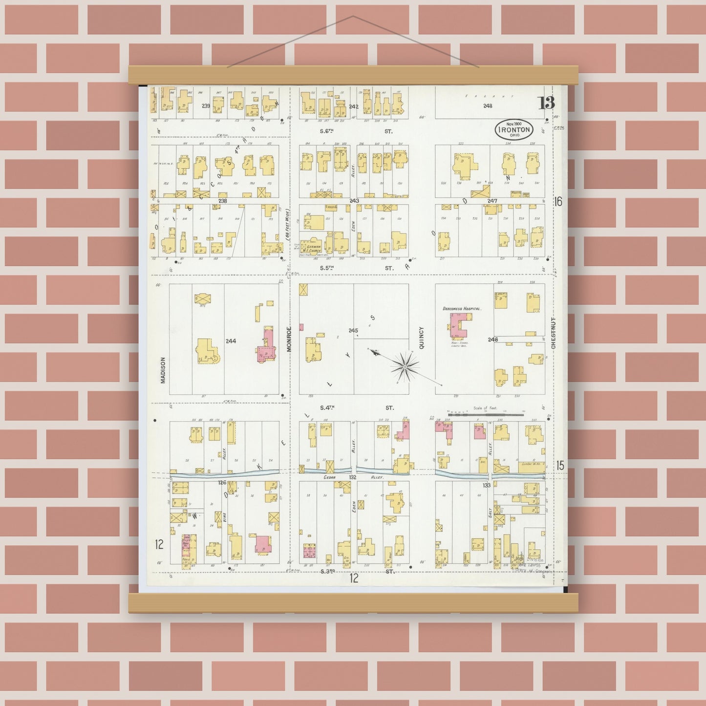 Old map wall art mockup — magnetic wood frame on brick wall — Sanborn Fire Insurance Map from Ironton, Lawrence County, Ohio (1900), Sheet #0013
