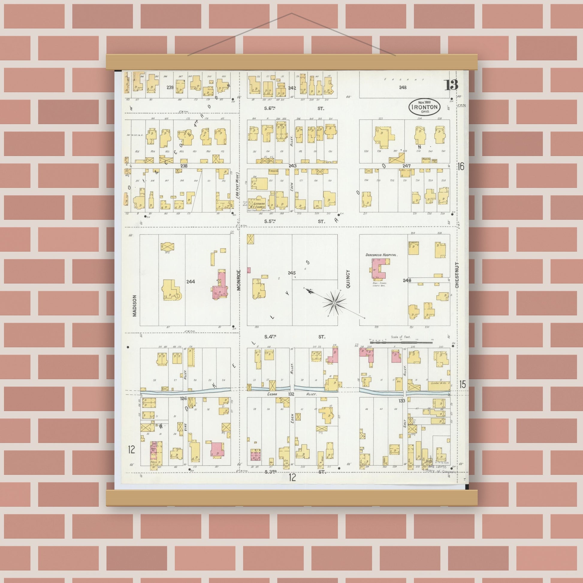Old map wall art mockup — magnetic wood frame on brick wall — Sanborn Fire Insurance Map from Ironton, Lawrence County, Ohio (1900), Sheet #0013