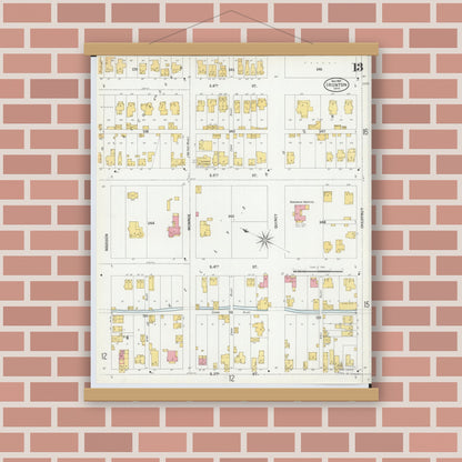 Old map wall art mockup — magnetic wood frame on brick wall — Sanborn Fire Insurance Map from Ironton, Lawrence County, Ohio (1900), Sheet #0013