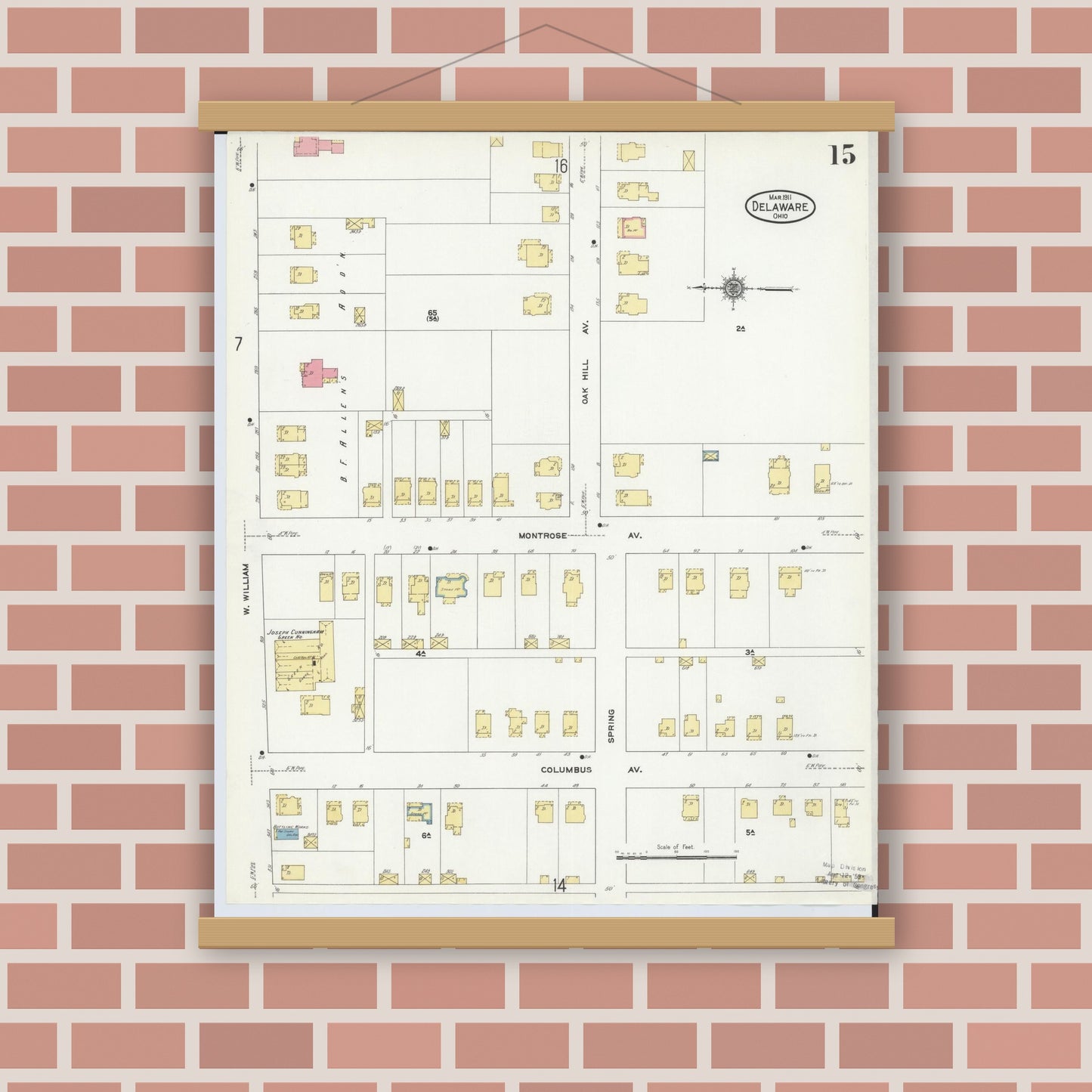Old map wall art mockup — magnetic wood frame on brick wall — Sanborn Fire Insurance Map from Delaware, Delaware County, Ohio (1911), Sheet #0015