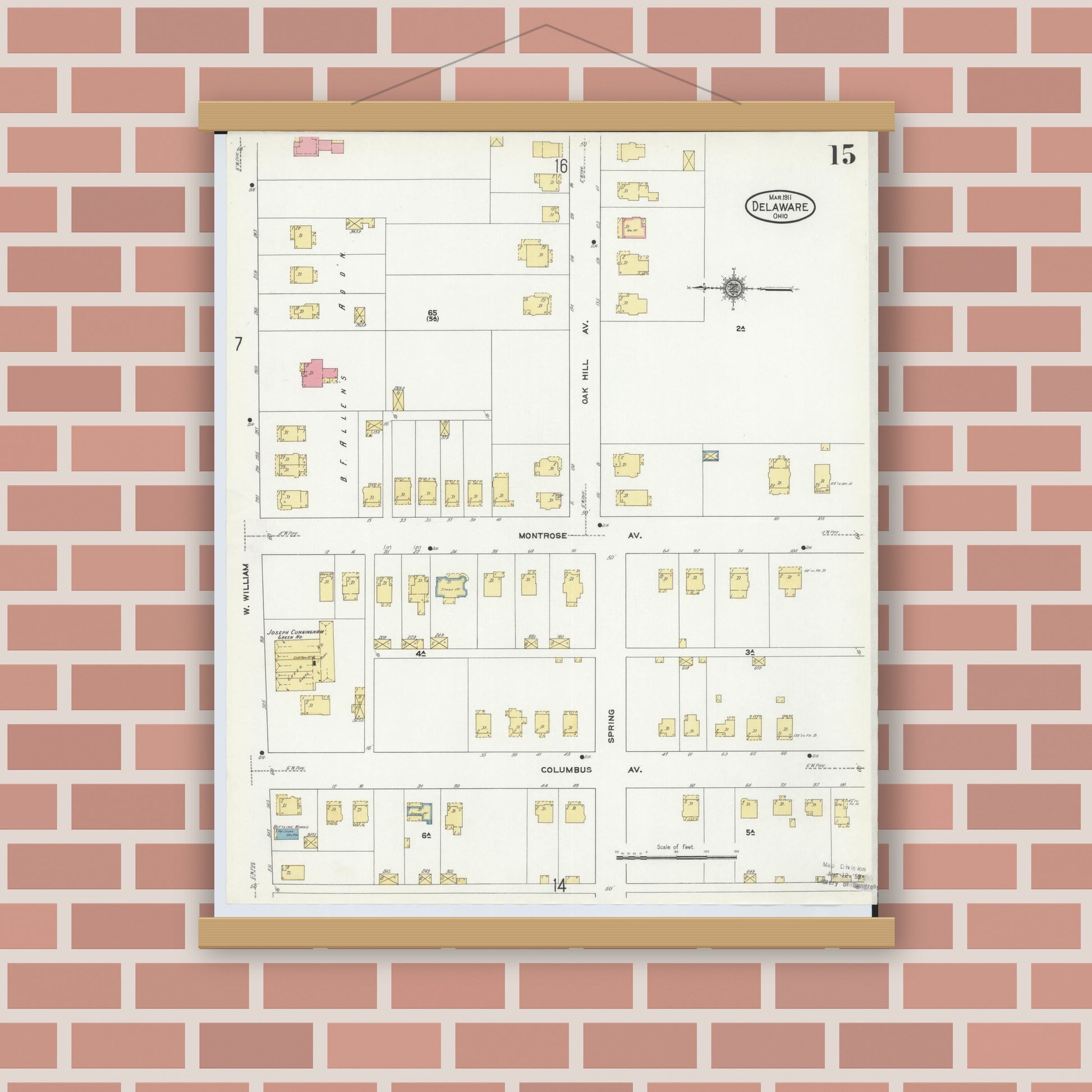 Old map wall art mockup — magnetic wood frame on brick wall — Sanborn Fire Insurance Map from Delaware, Delaware County, Ohio (1911), Sheet #0015