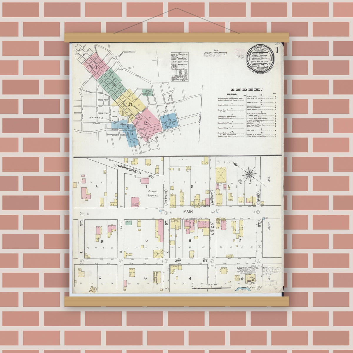 Old map wall art mockup — magnetic wood frame on brick wall — Sanborn Fire Insurance Map from Edwardsville, Madison County, Illinois (1892), Sheet #0001
