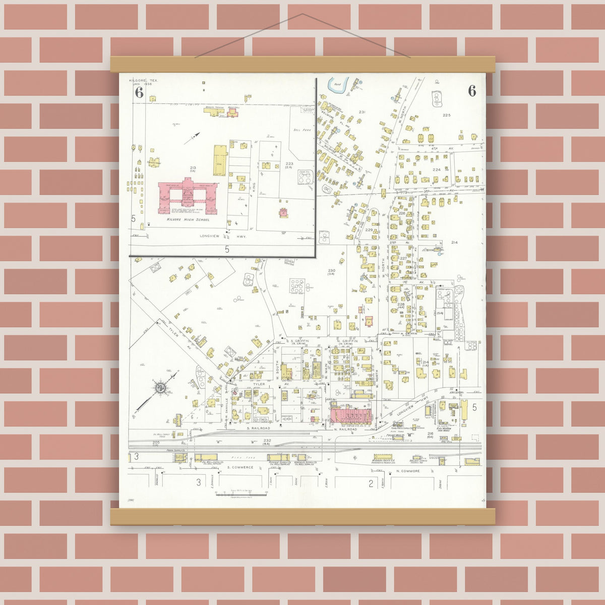 Old map wall art mockup — magnetic wood frame on brick wall — Sanborn Fire Insurance Map from Kilgore, Gregg County, Texas (1936), Sheet #0006