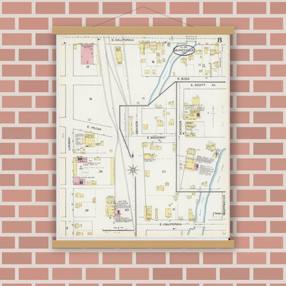 Old map wall art mockup — magnetic wood frame on brick wall — Sanborn Fire Insurance Map from Gainesville, Cooke County, Texas (1892), Sheet #0008