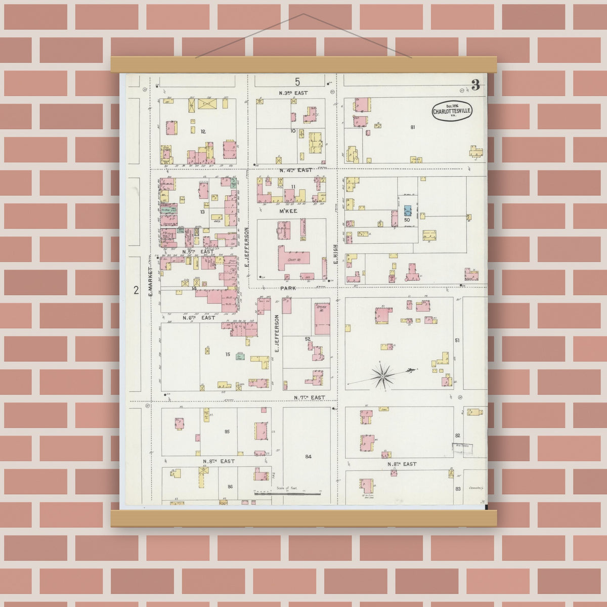 Old map wall art mockup — magnetic wood frame on brick wall — Sanborn Fire Insurance Map from Charlottesville, Independent Cities, Virginia (1896), Sheet #0003