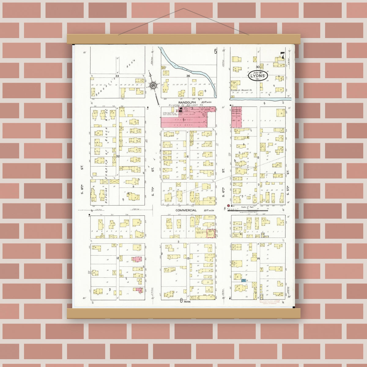Old map wall art mockup — magnetic wood frame on brick wall — Sanborn Fire Insurance Map from Lyons, Clinton County, Iowa (1917), Sheet #0007