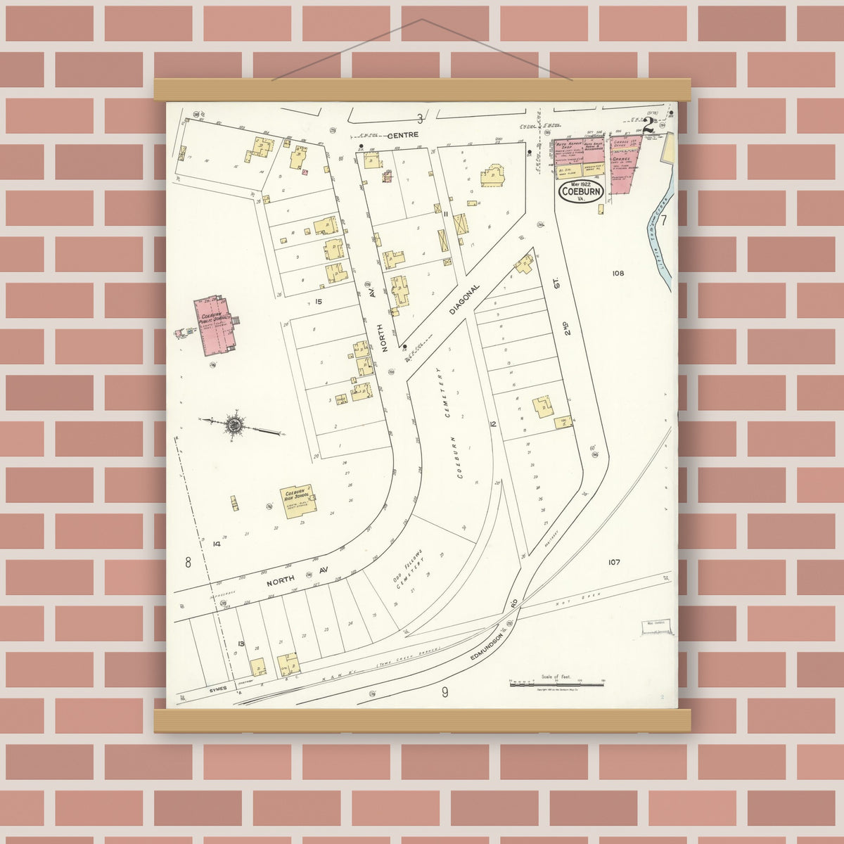 Old map wall art mockup — magnetic wood frame on brick wall — Sanborn Fire Insurance Map from Coeburn, Wise County, Virginia (1922), Sheet #0002