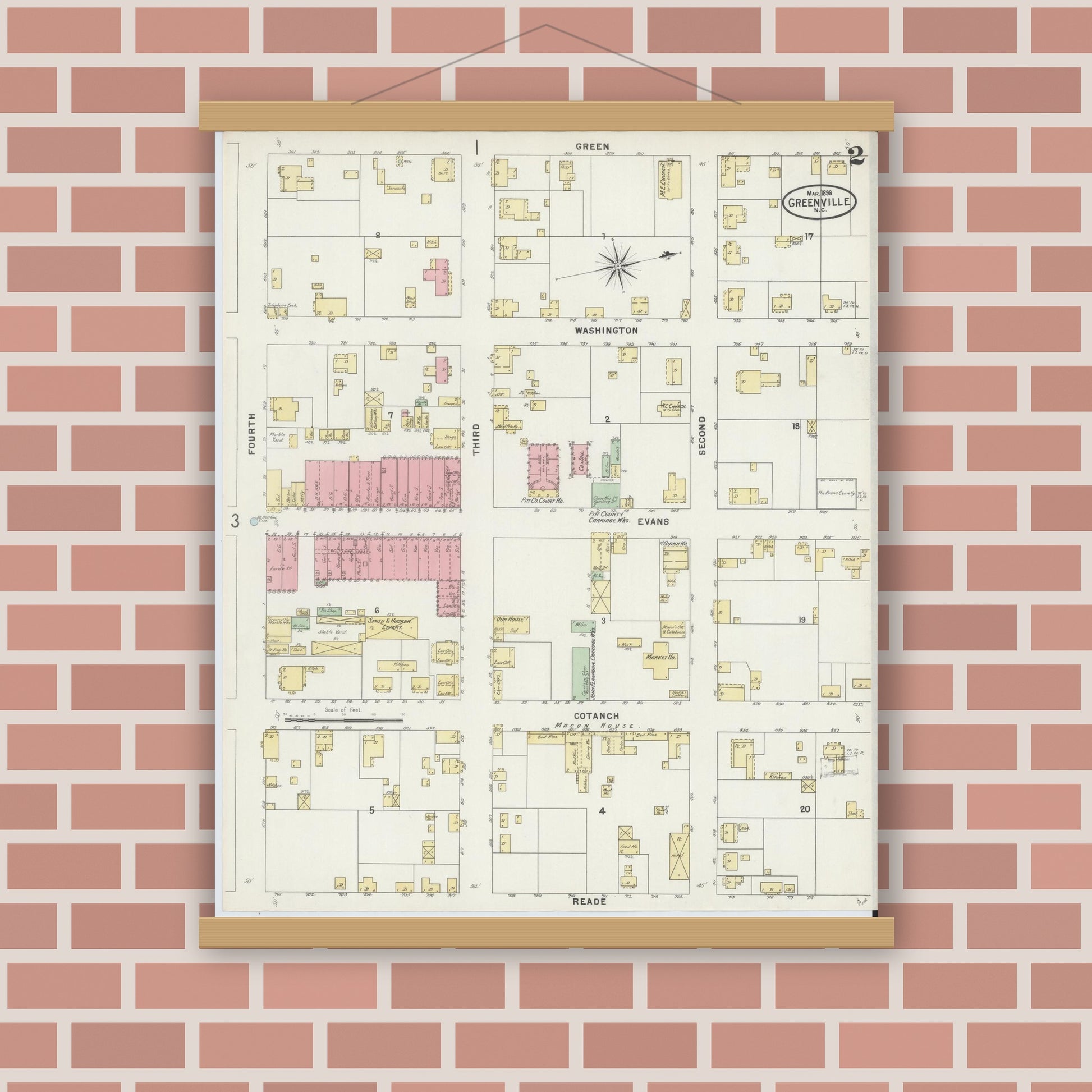 Old map wall art mockup — magnetic wood frame on brick wall — Sanborn Fire Insurance Map from Greenville, Pitt County, North Carolina (1898), Sheet #0002