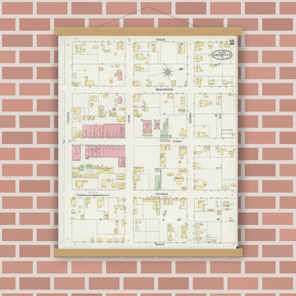 Old map wall art mockup — magnetic wood frame on brick wall — Sanborn Fire Insurance Map from Greenville, Pitt County, North Carolina (1898), Sheet #0002