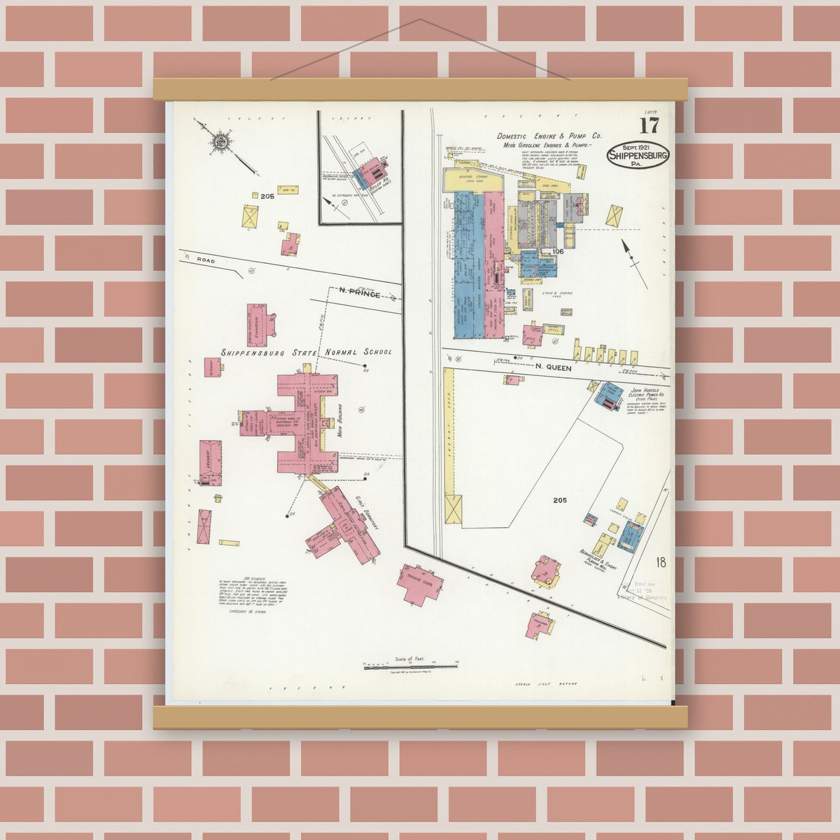 Old map wall art mockup — magnetic wood frame on brick wall — Sanborn Fire Insurance Map from Shippensburg, Cumberland And Franklin Counties, Pennsylvania (1921), Sheet #0017