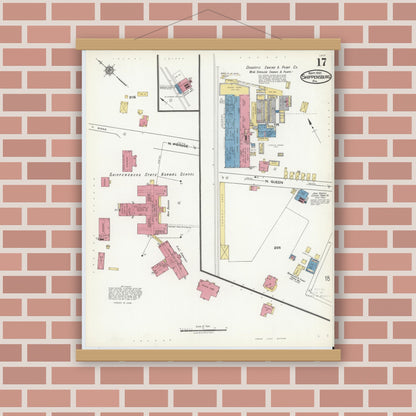 Old map wall art mockup — magnetic wood frame on brick wall — Sanborn Fire Insurance Map from Shippensburg, Cumberland And Franklin Counties, Pennsylvania (1921), Sheet #0017