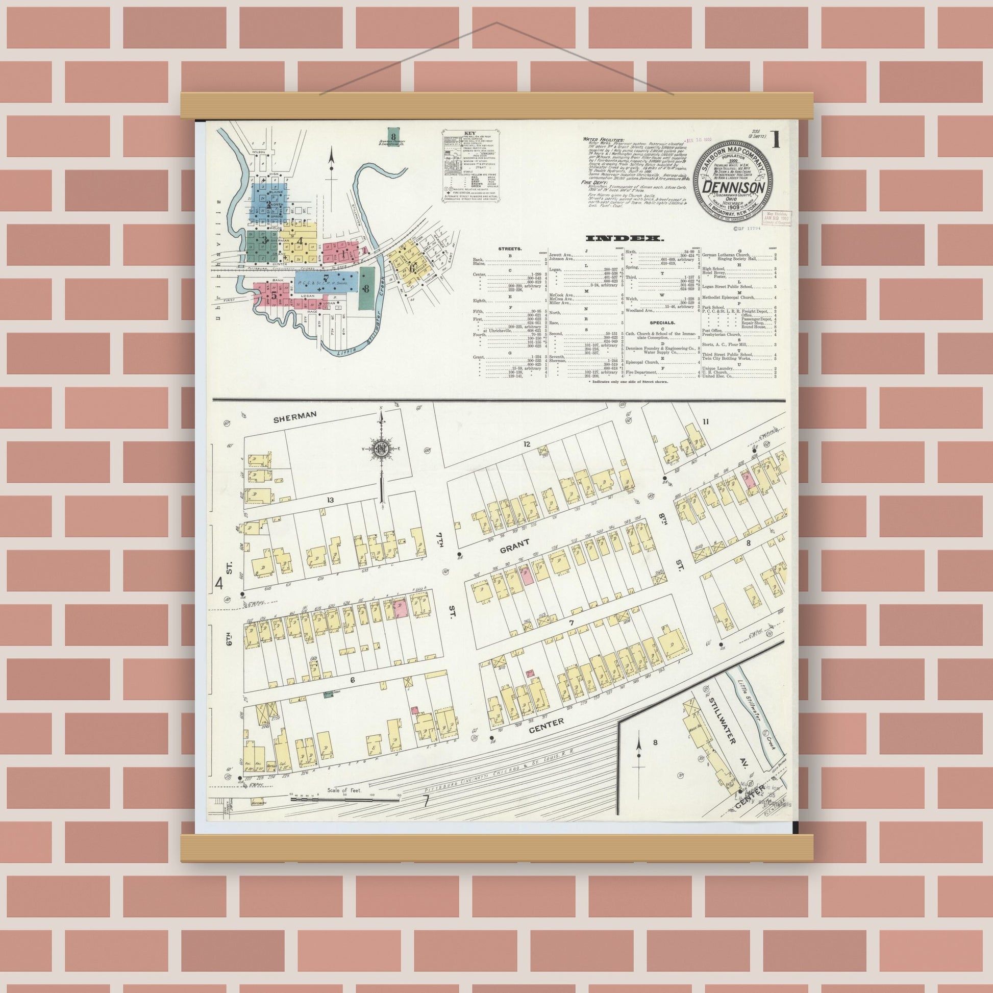 Old map wall art mockup — magnetic wood frame on brick wall — Sanborn Fire Insurance Map from Dennison, Tuscarawas County, Ohio (1909), Sheet #0001