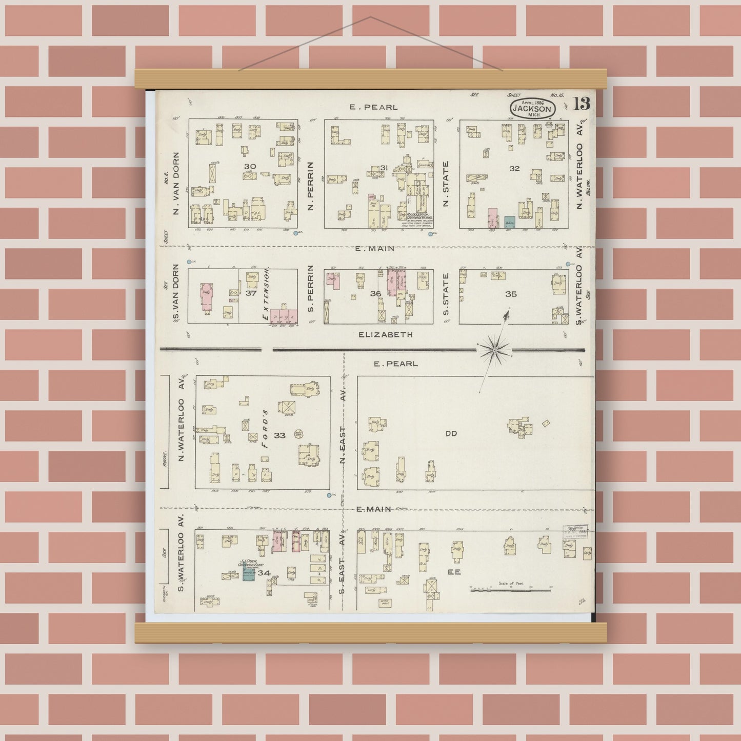 Old map wall art mockup — magnetic wood frame on brick wall — Sanborn Fire Insurance Map from Jackson, Jackson County, Michigan (1886), Sheet #0013