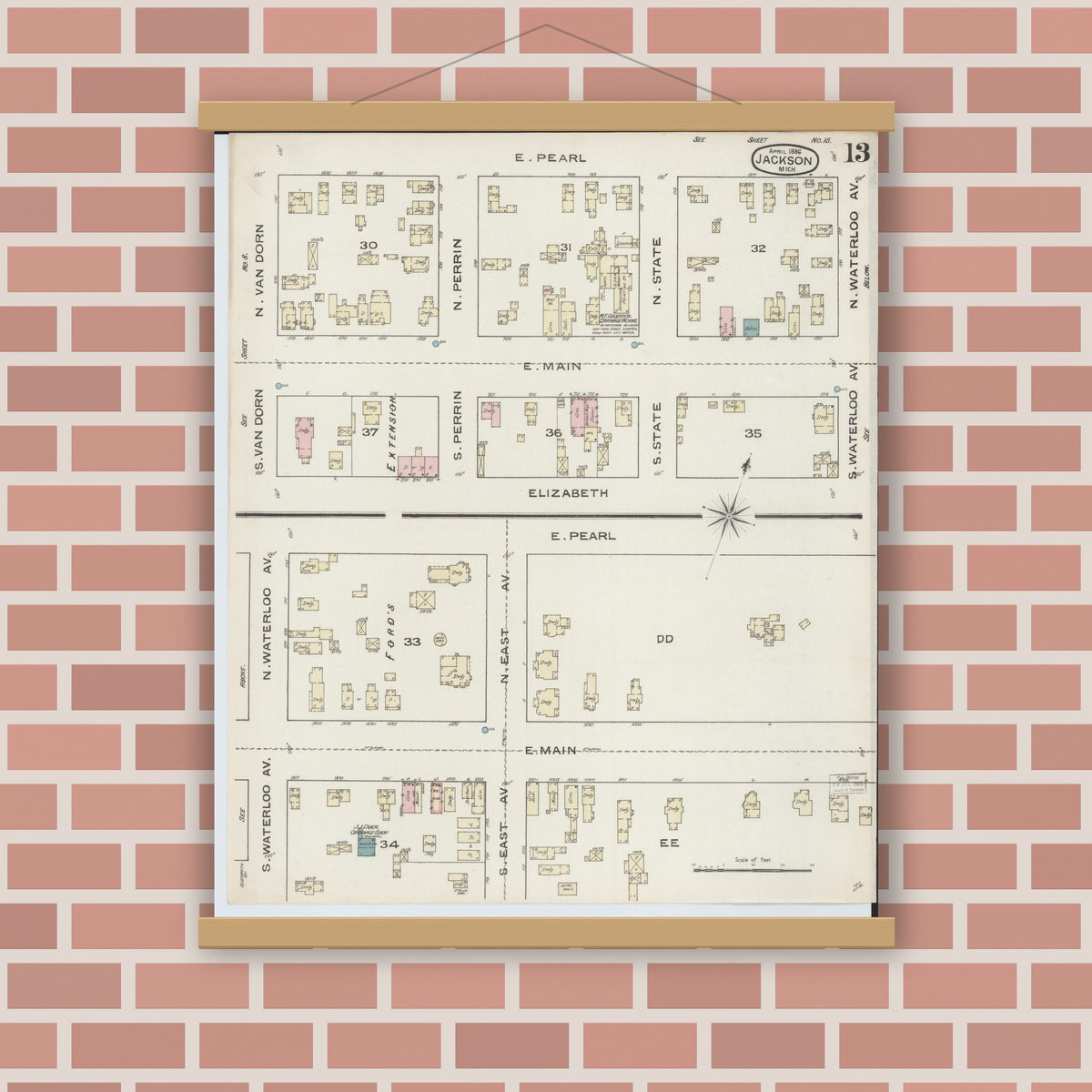 Old map wall art mockup — magnetic wood frame on brick wall — Sanborn Fire Insurance Map from Jackson, Jackson County, Michigan (1886), Sheet #0013