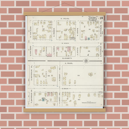 Old map wall art mockup — magnetic wood frame on brick wall — Sanborn Fire Insurance Map from Jackson, Jackson County, Michigan (1886), Sheet #0013