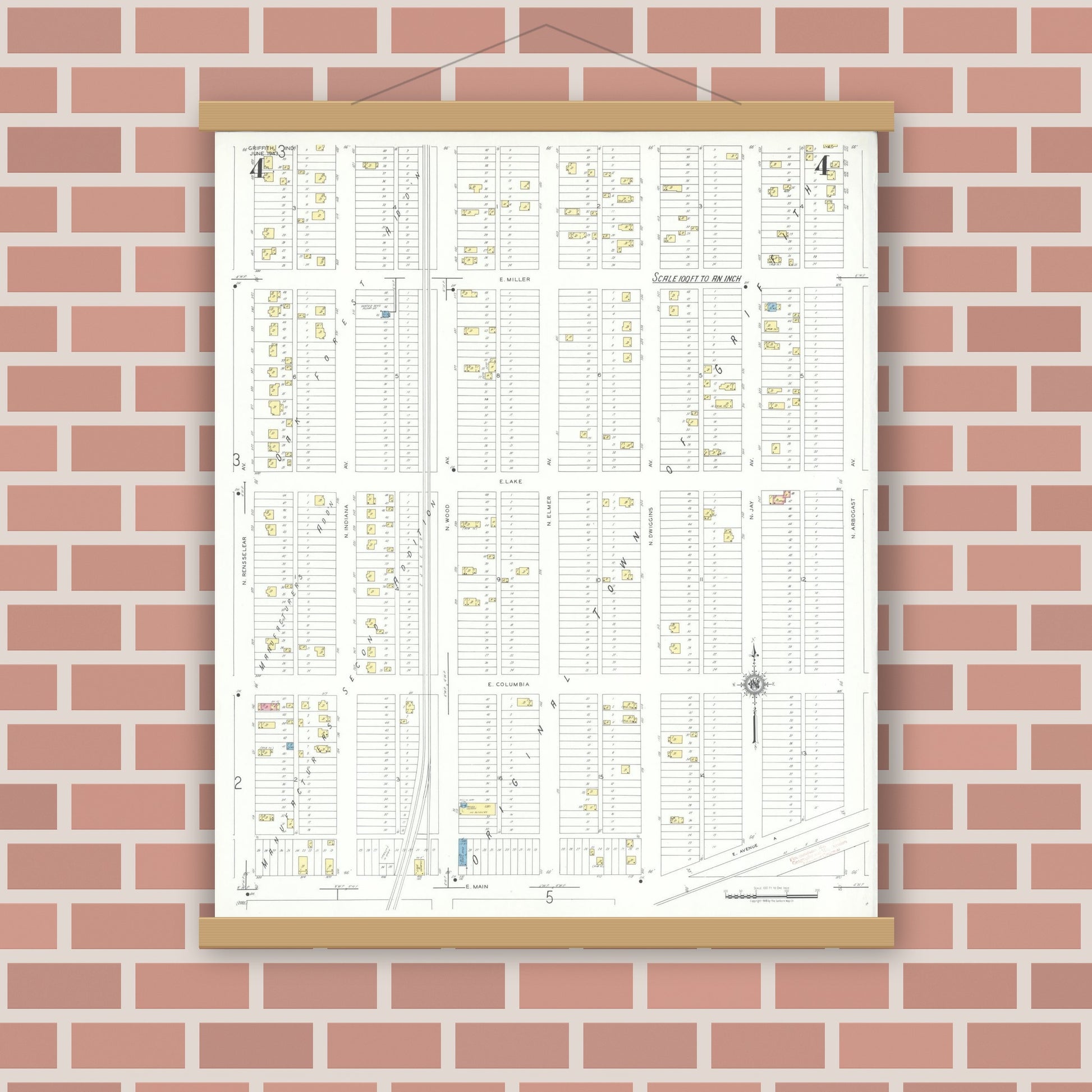 Old map wall art mockup — magnetic wood frame on brick wall — Sanborn Fire Insurance Map from Griffith, Lake County, Indiana (1943), Sheet #0004