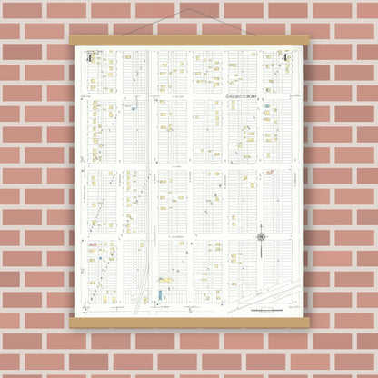 Old map wall art mockup — magnetic wood frame on brick wall — Sanborn Fire Insurance Map from Griffith, Lake County, Indiana (1943), Sheet #0004