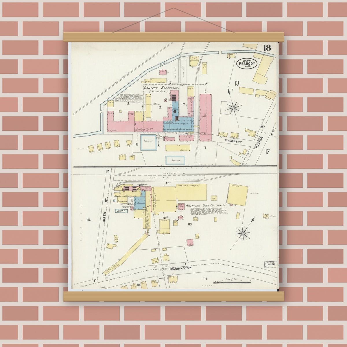 Old map wall art mockup — magnetic wood frame on brick wall — Sanborn Fire Insurance Map from Peabody, Essex County, Massachusetts (1897), Sheet #0018
