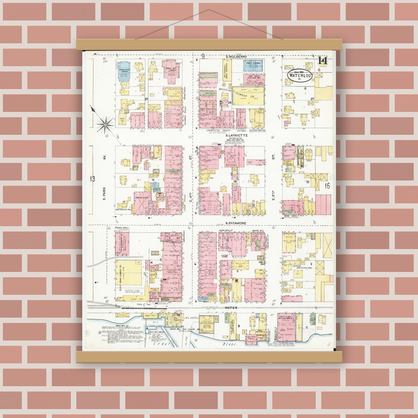 Old map wall art mockup — magnetic wood frame on brick wall — Sanborn Fire Insurance Map from Waterloo, Black Hawk County, Iowa (1906), Sheet #0014
