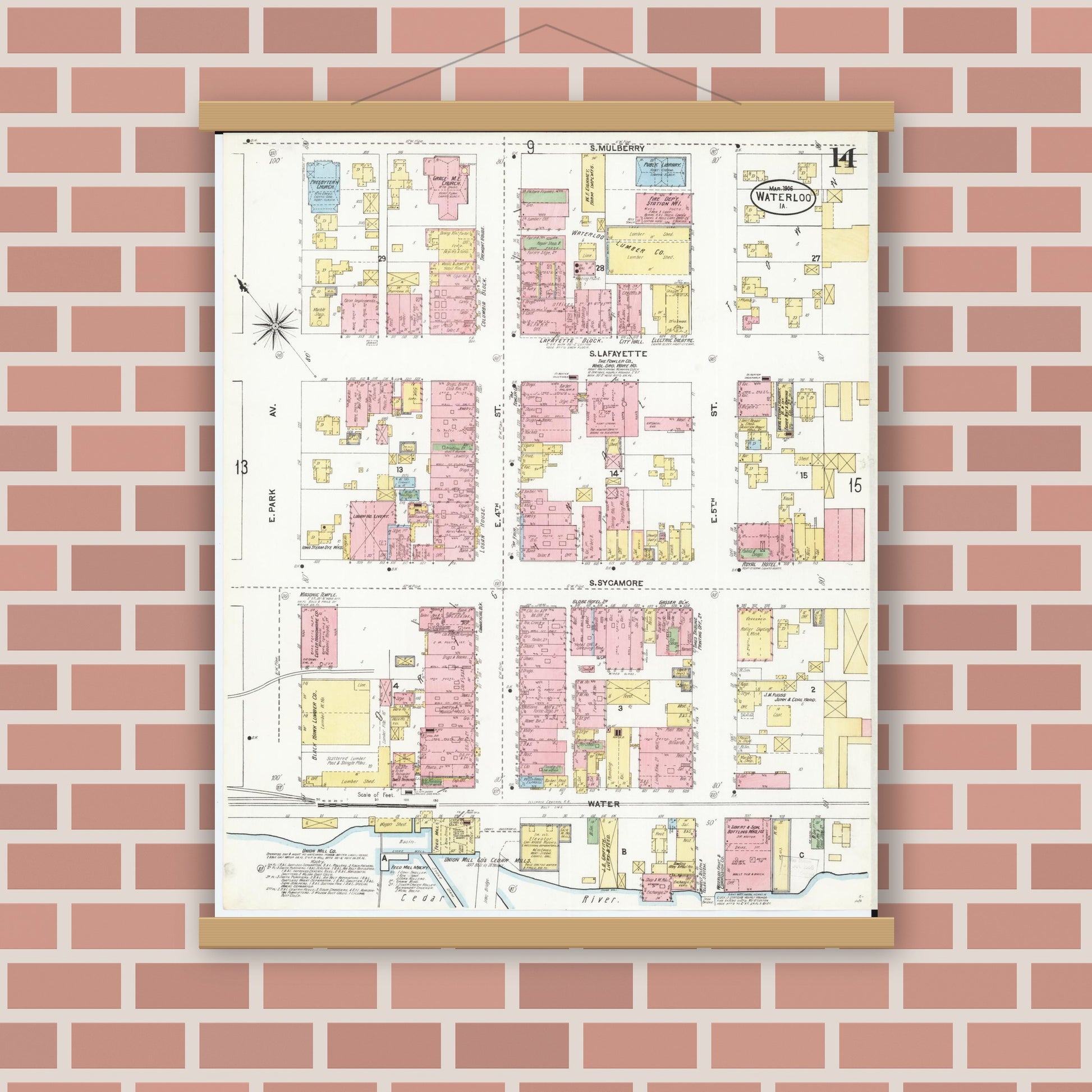 Old map wall art mockup — magnetic wood frame on brick wall — Sanborn Fire Insurance Map from Waterloo, Black Hawk County, Iowa (1906), Sheet #0014