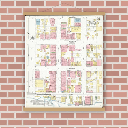 Old map wall art mockup — magnetic wood frame on brick wall — Sanborn Fire Insurance Map from Waterloo, Black Hawk County, Iowa (1906), Sheet #0014