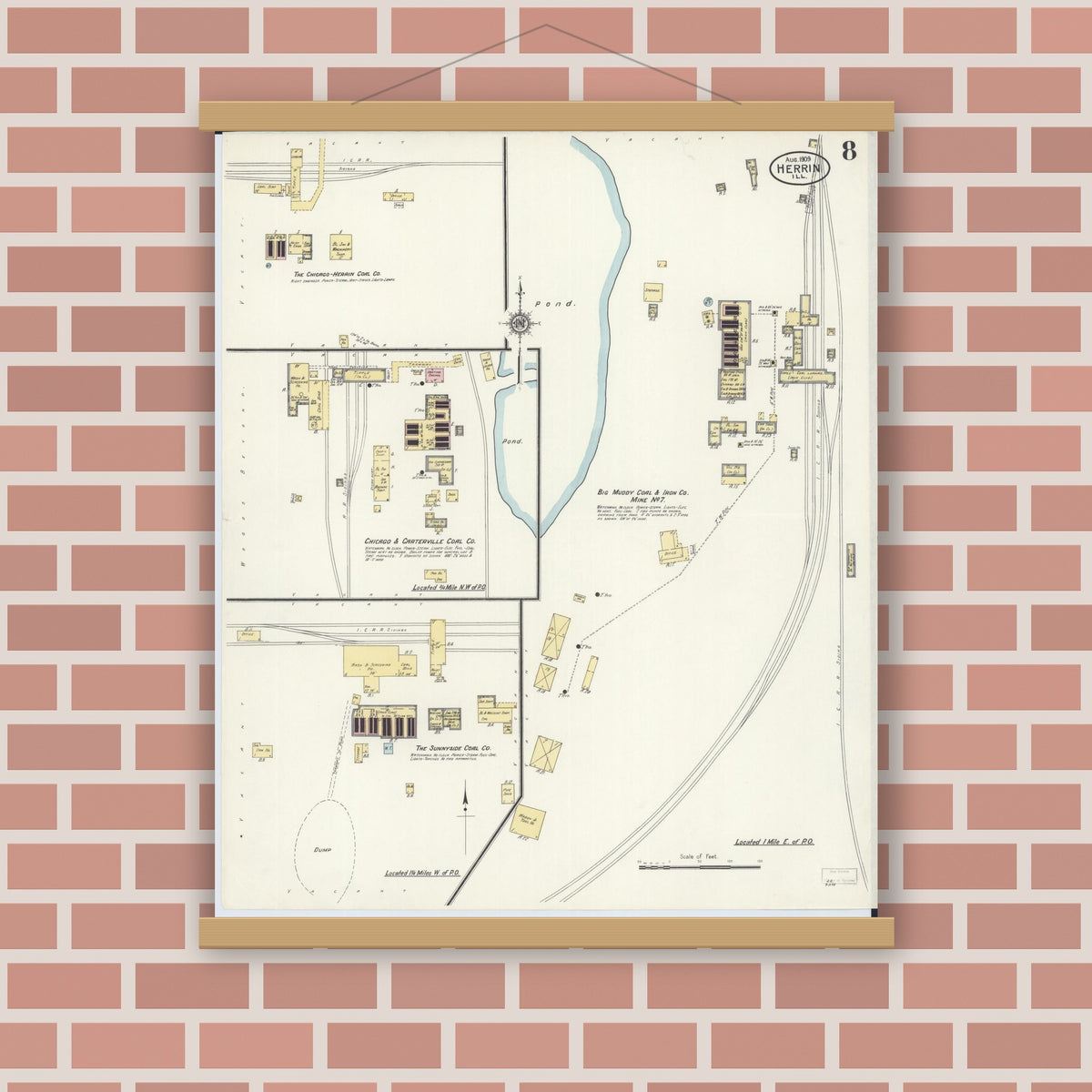Old map wall art mockup — magnetic wood frame on brick wall — Sanborn Fire Insurance Map from Herrin, Williamson County, Illinois (1909), Sheet #0008