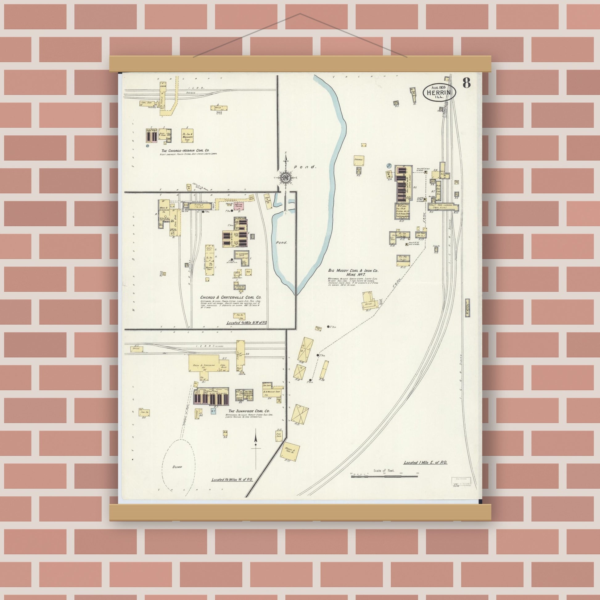 Old map wall art mockup — magnetic wood frame on brick wall — Sanborn Fire Insurance Map from Herrin, Williamson County, Illinois (1909), Sheet #0008