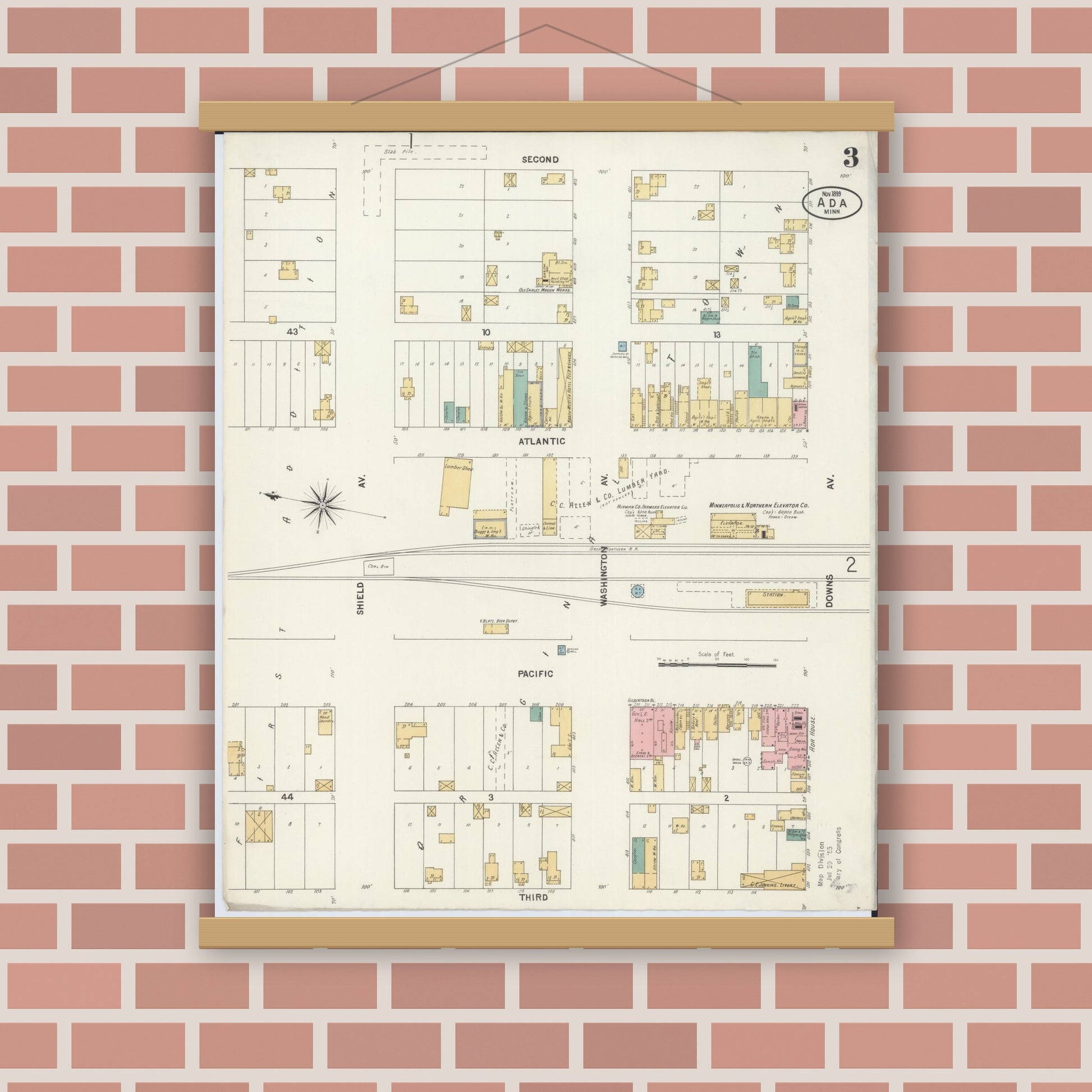 Old map wall art mockup — magnetic wood frame on brick wall — Sanborn Fire Insurance Map from Ada, Norman County, Minnesota (1899), Sheet #0003