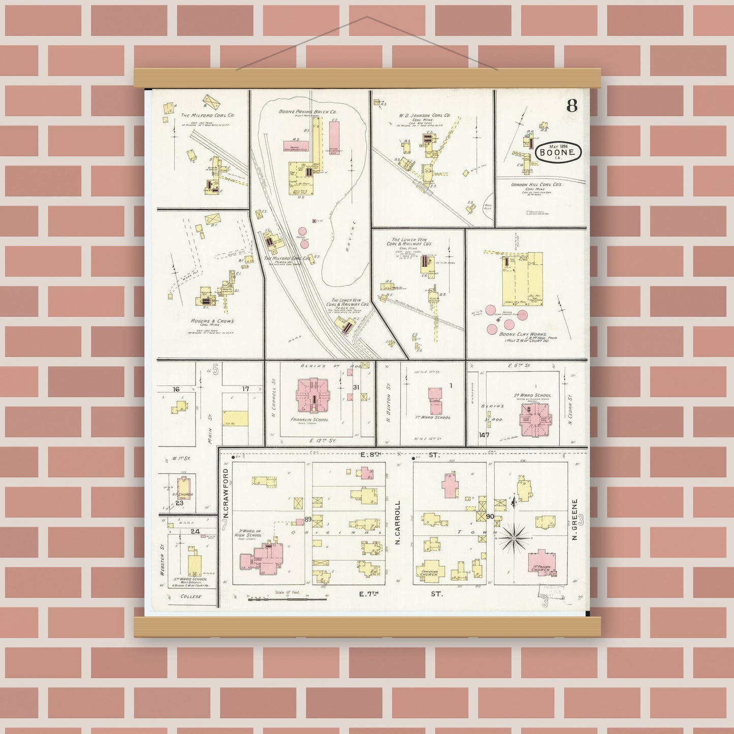 Old map wall art mockup — magnetic wood frame on brick wall — Sanborn Fire Insurance Map from Boone, Boone County, Iowa (1894), Sheet #0008