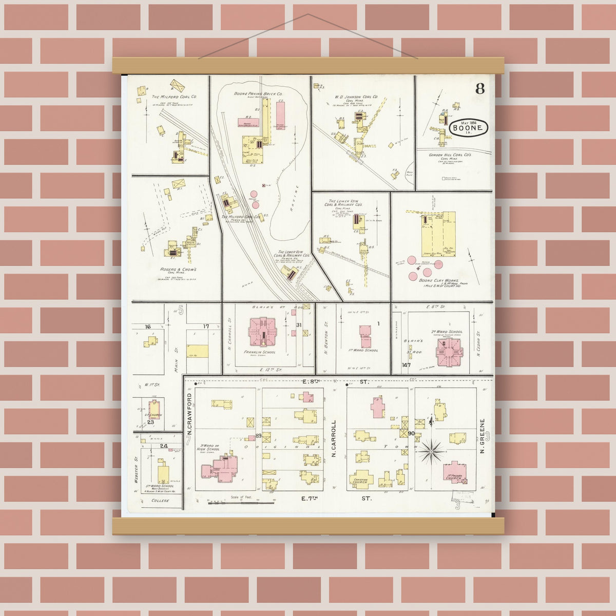 Old map wall art mockup — magnetic wood frame on brick wall — Sanborn Fire Insurance Map from Boone, Boone County, Iowa (1894), Sheet #0008