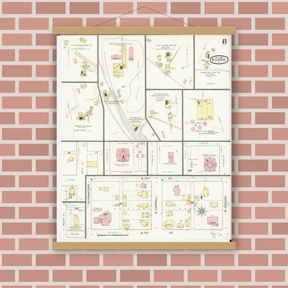Old map wall art mockup — magnetic wood frame on brick wall — Sanborn Fire Insurance Map from Boone, Boone County, Iowa (1894), Sheet #0008