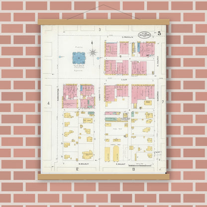Old map wall art mockup — magnetic wood frame on brick wall — Sanborn Fire Insurance Map from Hillsboro, Hill County, Texas (1905), Sheet #0005