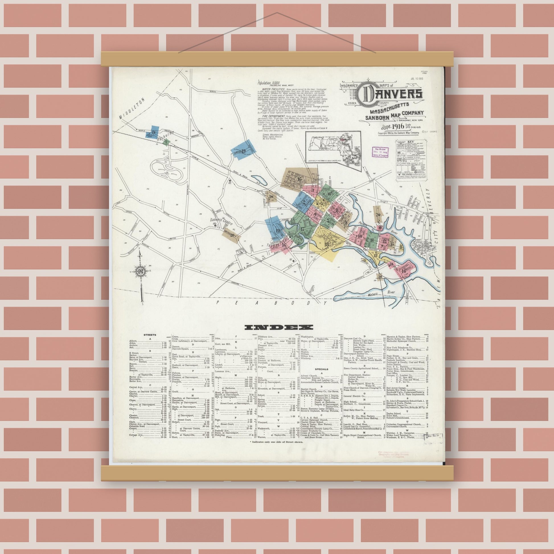 Old map wall art mockup — magnetic wood frame on brick wall — Sanborn Fire Insurance Map from Danvers, Essex County, Massachusetts (1916) - Complete Map Set