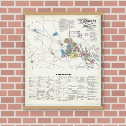 Old map wall art mockup — magnetic wood frame on brick wall — Sanborn Fire Insurance Map from Danvers, Essex County, Massachusetts (1916) - Complete Map Set