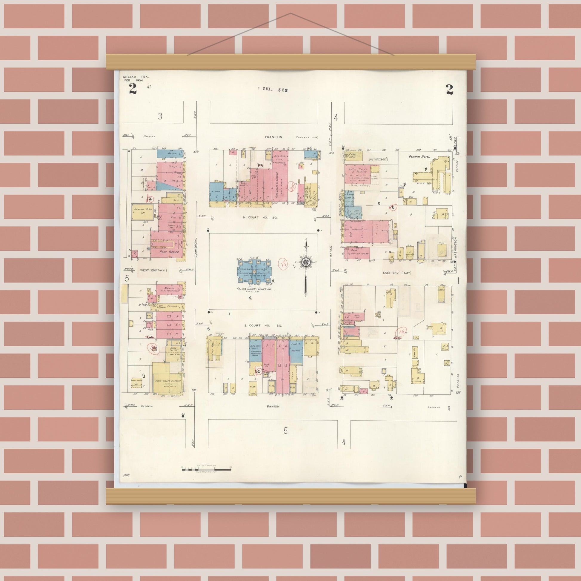 Old map wall art mockup — magnetic wood frame on brick wall — Sanborn Fire Insurance Map from Goliad, Goliad County, Texas (1944), Sheet #0002