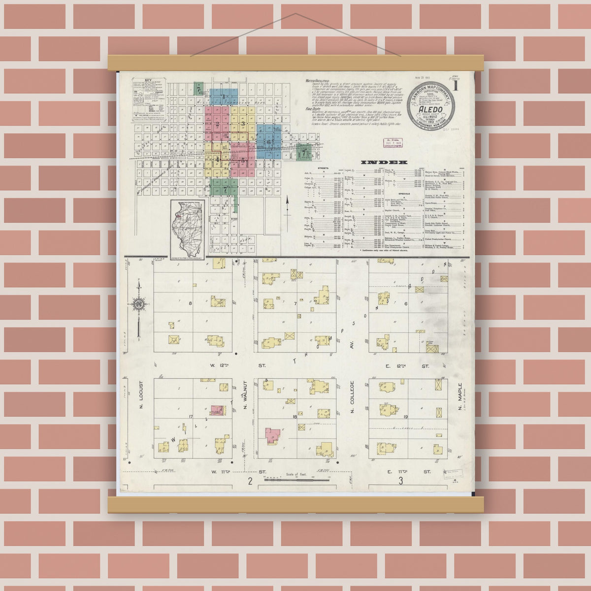 Old map wall art mockup — magnetic wood frame on brick wall — Sanborn Fire Insurance Map from Aledo, Mercer County, Illinois (1913) - Complete Map Set