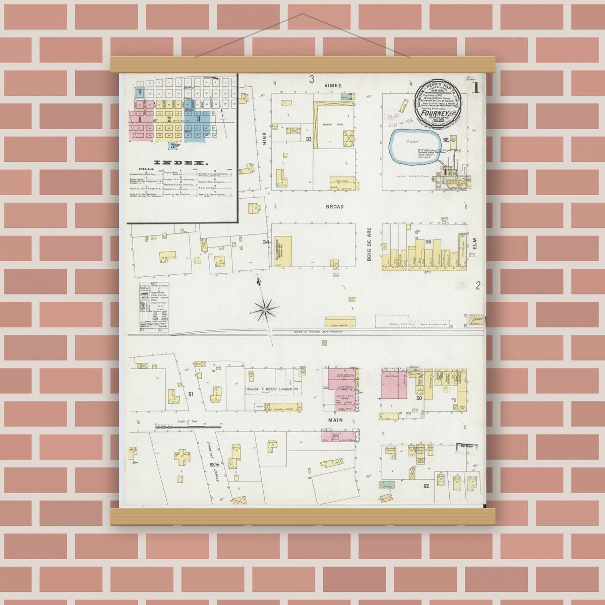 Old map wall art mockup — magnetic wood frame on brick wall — Sanborn Fire Insurance Map from Forney, Kaufman County, Texas (1896) - Complete Map Set