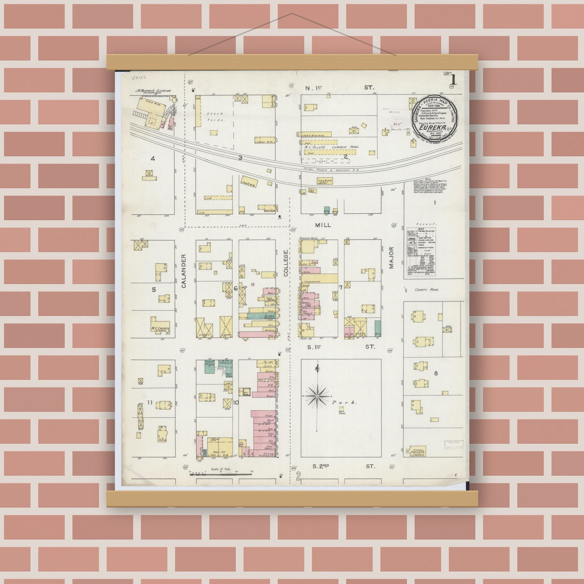 Old map wall art mockup — magnetic wood frame on brick wall — Sanborn Fire Insurance Map from Eureka, Woodford County, Illinois (1892) - Complete Map Set