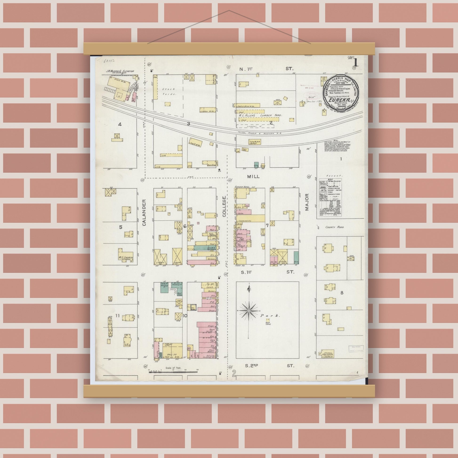 Old map wall art mockup — magnetic wood frame on brick wall — Sanborn Fire Insurance Map from Eureka, Woodford County, Illinois (1892) - Complete Map Set