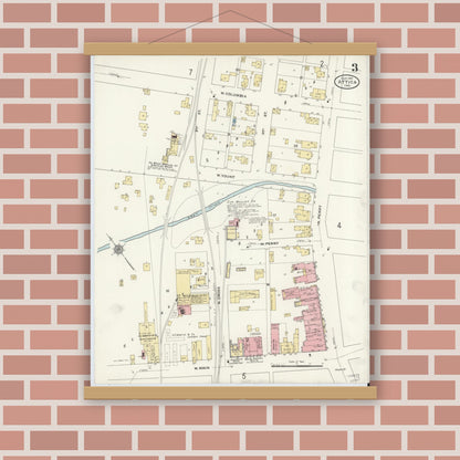 Old map wall art mockup — magnetic wood frame on brick wall — Sanborn Fire Insurance Map from Attica, Fountain County, Indiana (1910), Sheet #0003