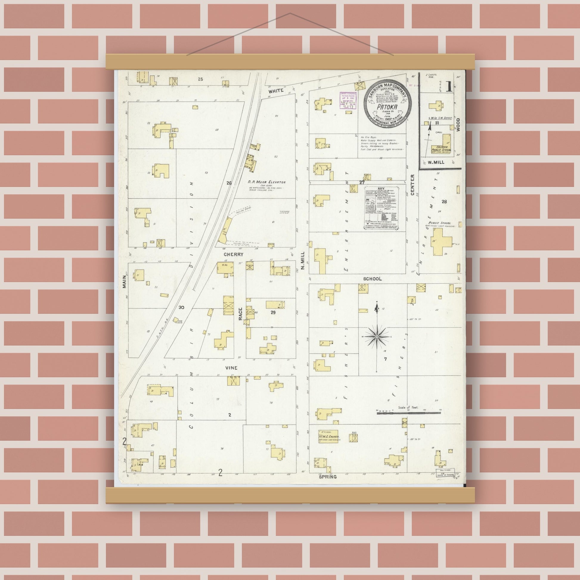 Old map wall art mockup — magnetic wood frame on brick wall — Sanborn Fire Insurance Map from Patoka, Gibson County, Indiana (1907), Sheet #0001