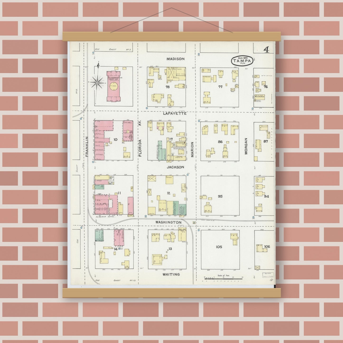 Old map wall art mockup — magnetic wood frame on brick wall — Sanborn Fire Insurance Map from Tampa, Hillsborough County, Florida (1892), Sheet #0004