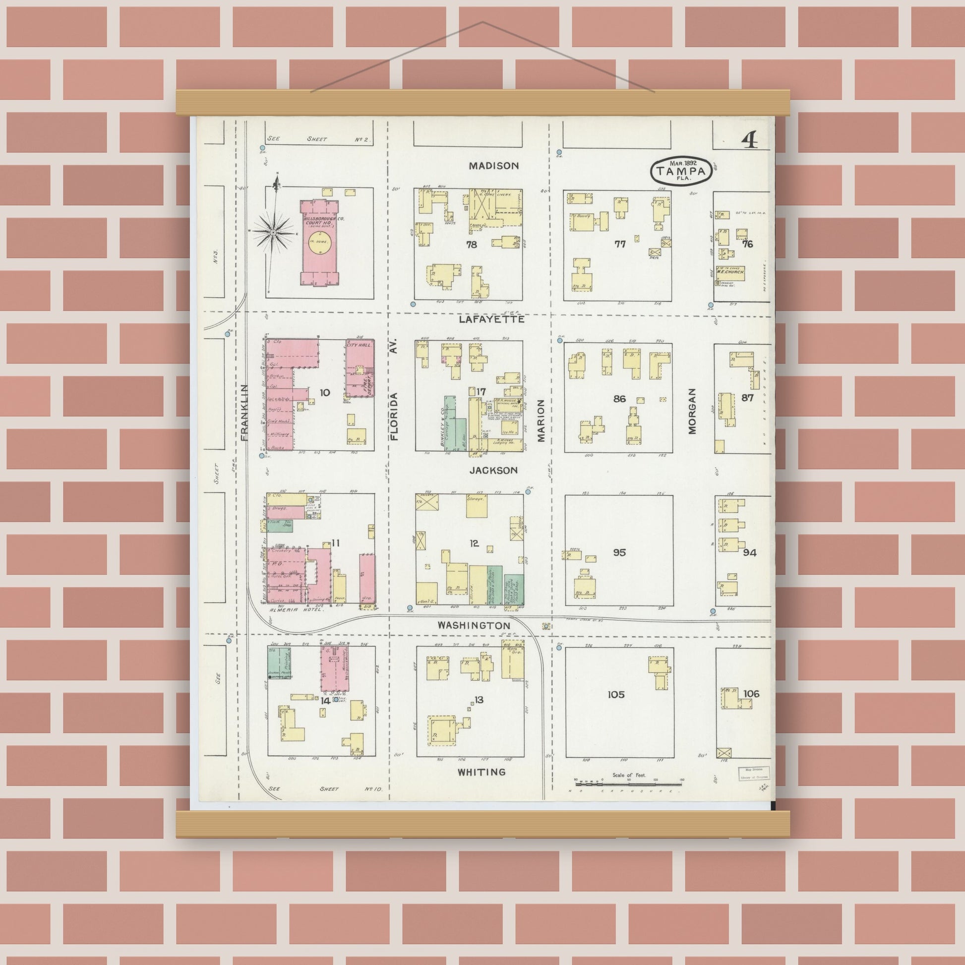 Old map wall art mockup — magnetic wood frame on brick wall — Sanborn Fire Insurance Map from Tampa, Hillsborough County, Florida (1892), Sheet #0004