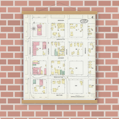 Old map wall art mockup — magnetic wood frame on brick wall — Sanborn Fire Insurance Map from Tampa, Hillsborough County, Florida (1892), Sheet #0004