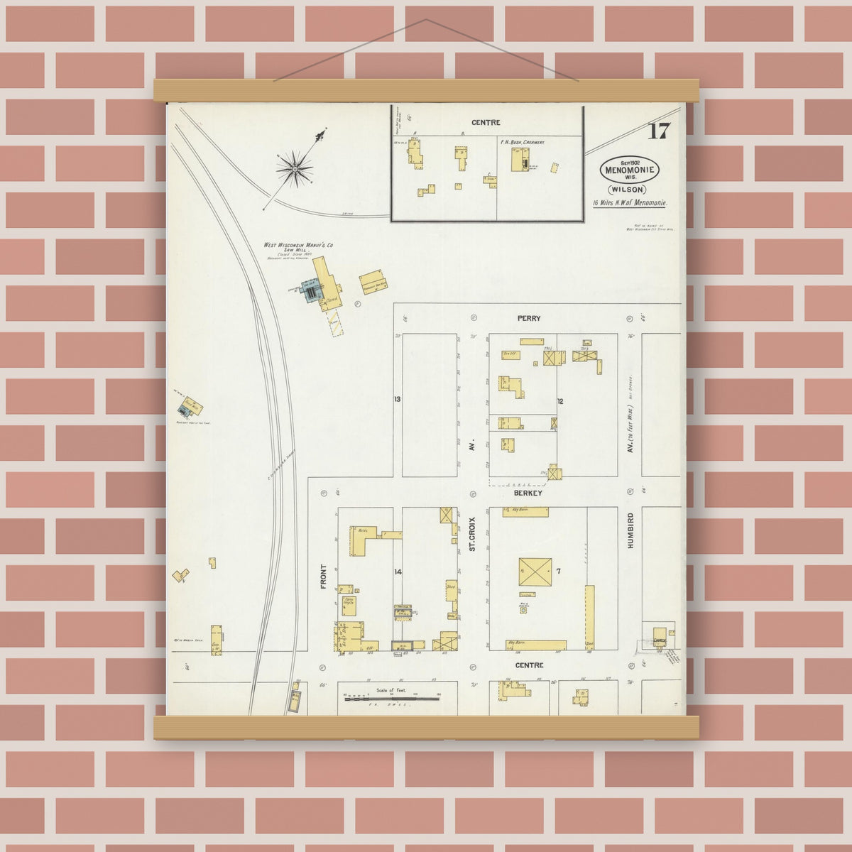 Old map wall art mockup — magnetic wood frame on brick wall — Sanborn Fire Insurance Map from Menomonie, Dunn County, Wisconsin (1902), Sheet #0017